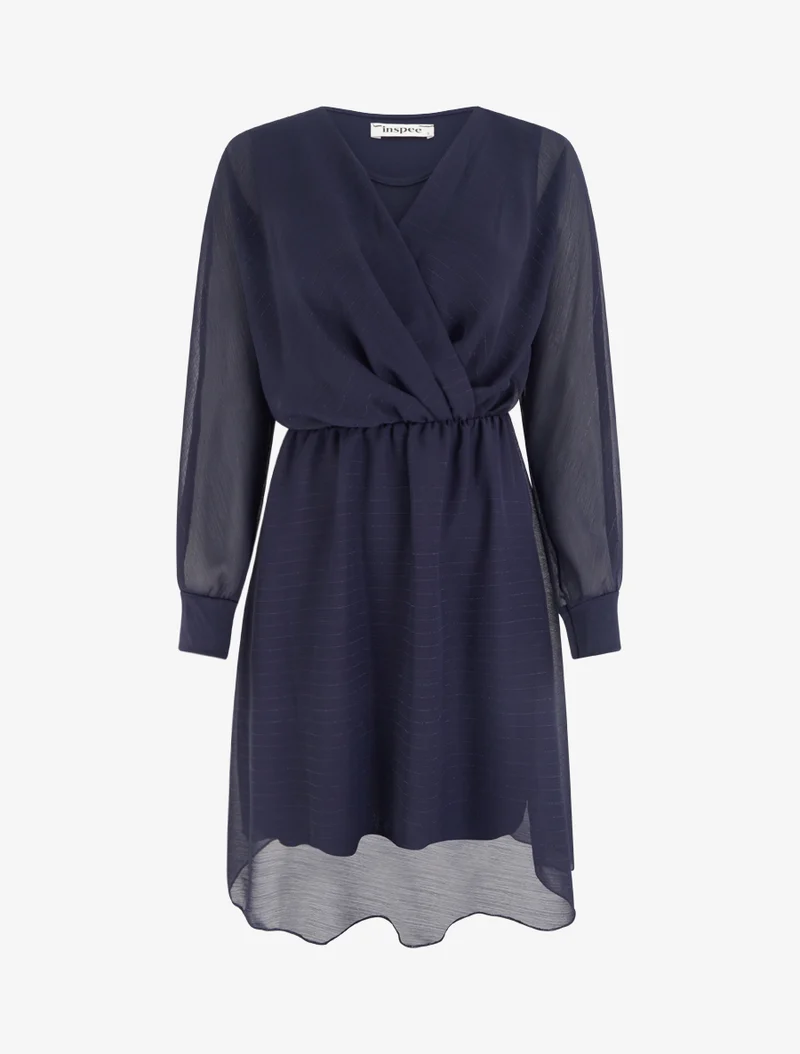 Ausgestelltes Kleid aus irisierendem Voile mit Wickelausschnitt - Marine