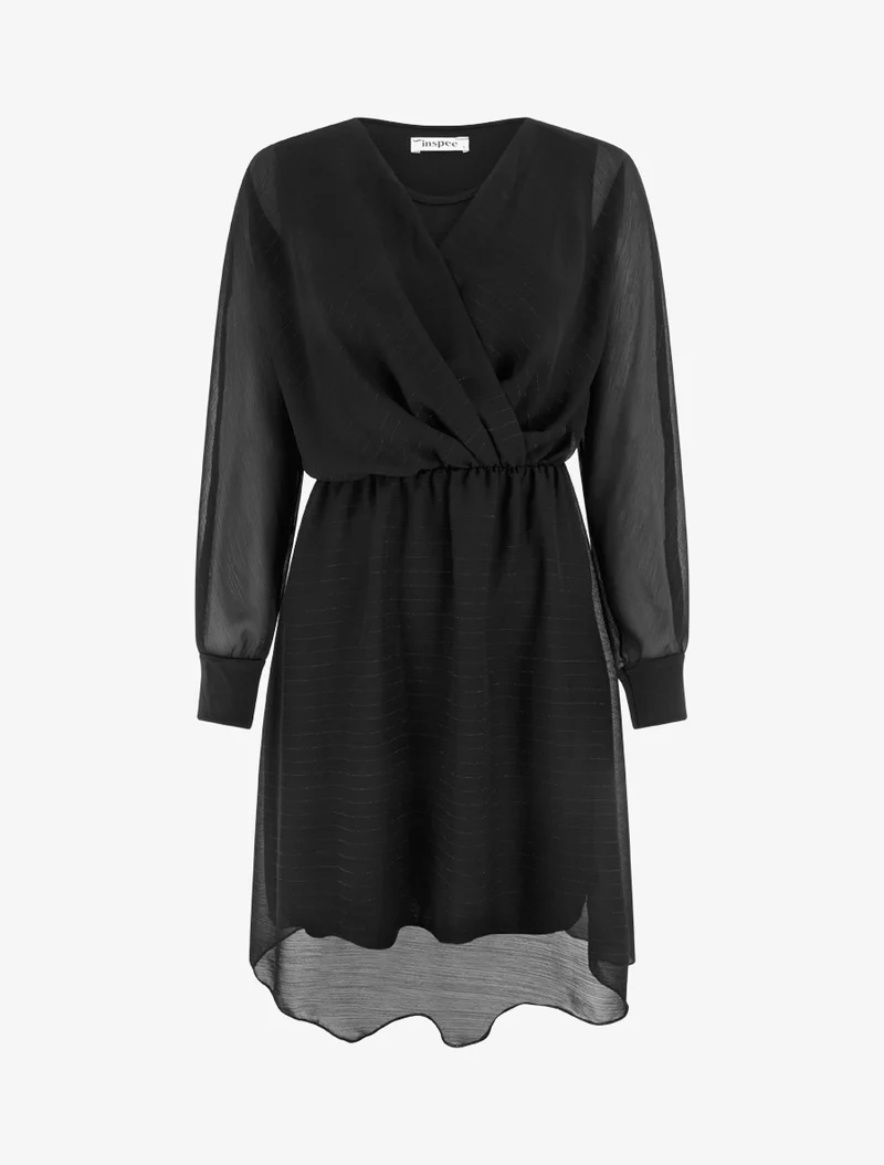 Ausgestelltes Kleid aus irisierendem Voile mit Wickelausschnitt - Schwarz