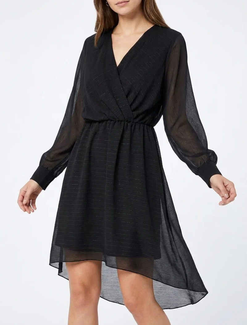 Ausgestelltes Kleid aus irisierendem Voile mit Wickelausschnitt - Schwarz