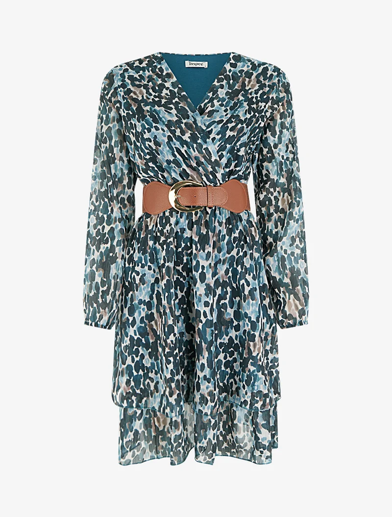 Kleid mit Fantasiemuster und Wickelausschnitt - Entenblau