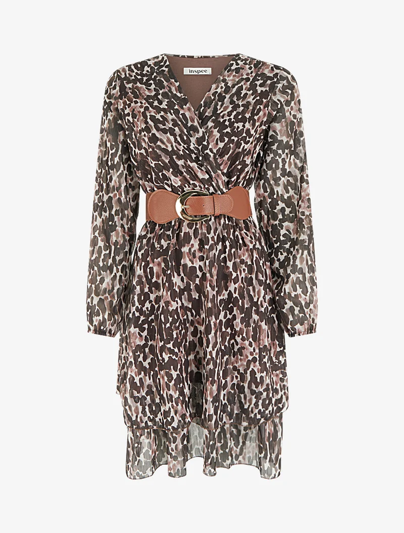 Kleid mit Fantasiemuster und Wickelausschnitt - Braun