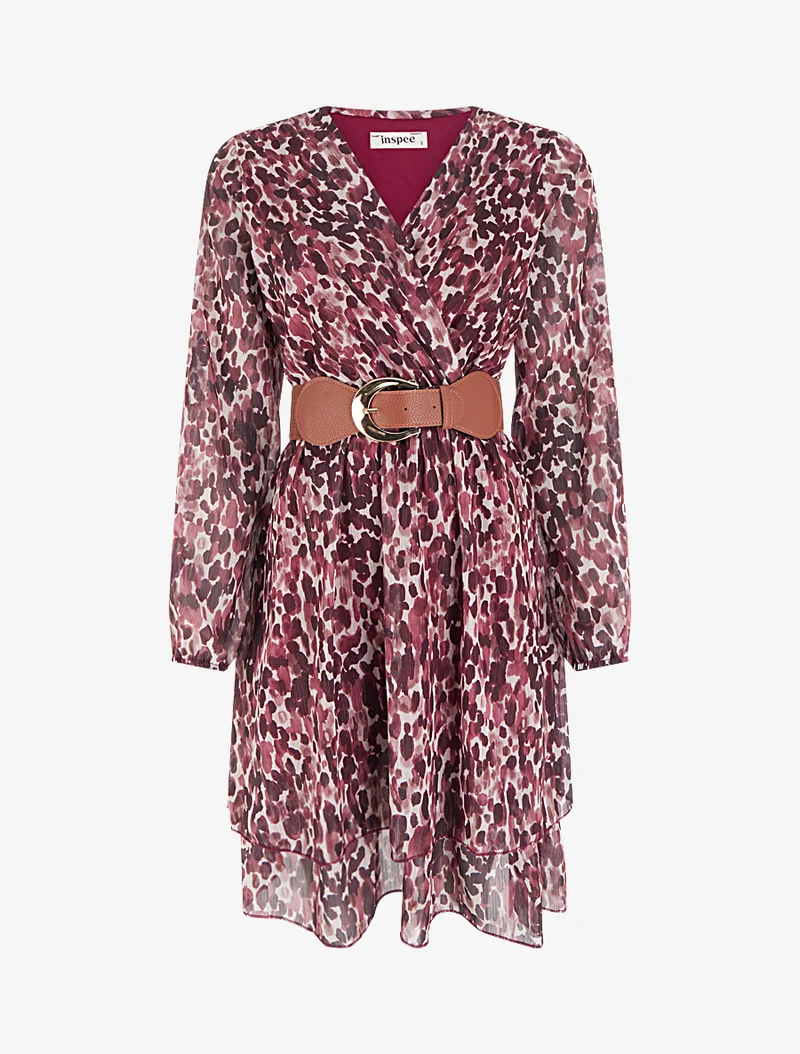 Kleid mit Fantasiemuster und Wickelausschnitt - Weinrot