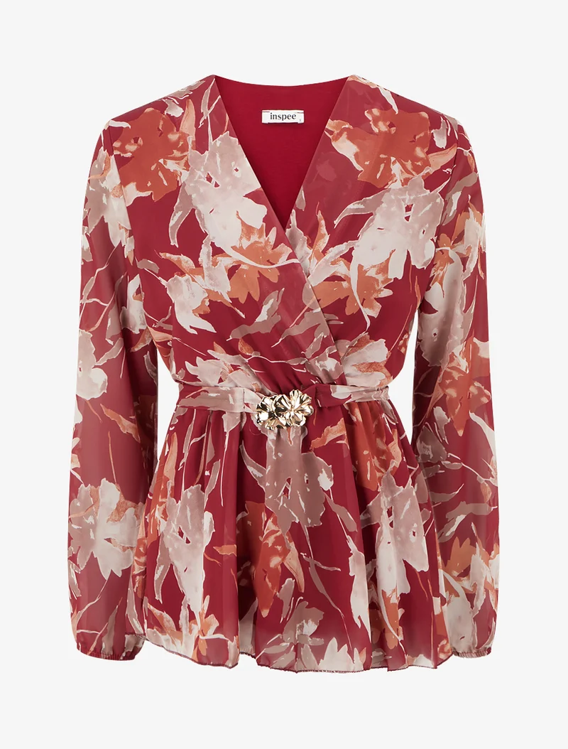 Top Wickelbluse mit abstraktem Blumenmuster und Blumenschmuck. - Rot
