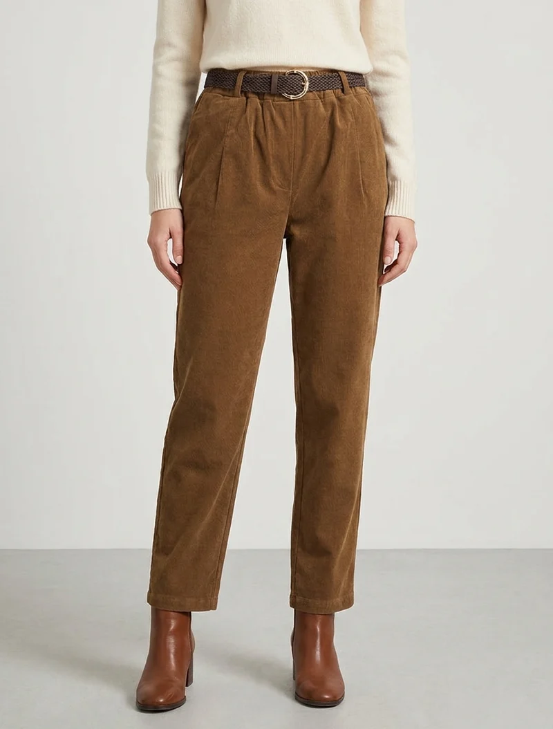 Paperbag-Hose im Cord-Look - Kamel