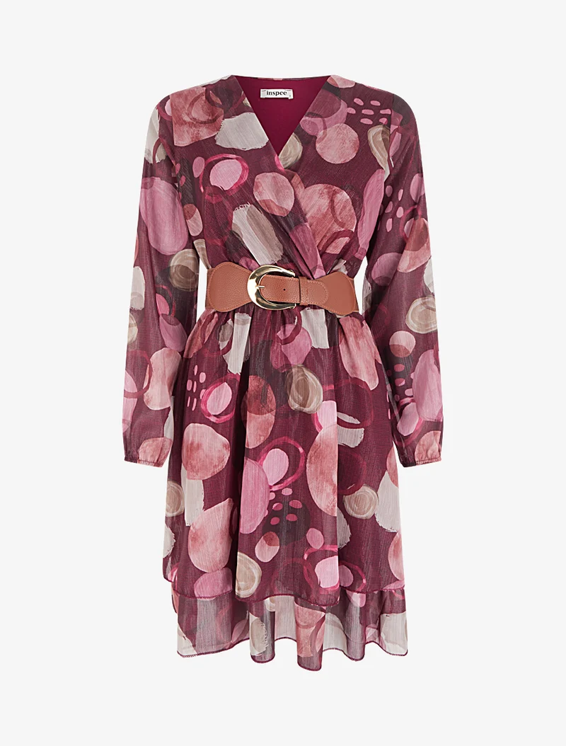 Kleid mit abstraktem Druck und Wickelausschnitt - Weinrot
