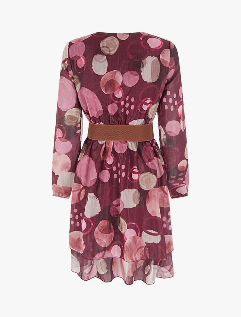 Kleid mit abstraktem Druck und Wickelausschnitt - Weinrot
