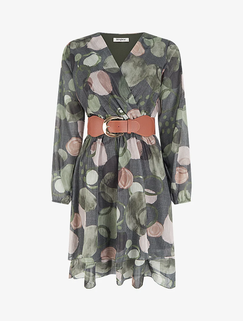 Kleid mit abstraktem Druck und Wickelausschnitt - Kaki