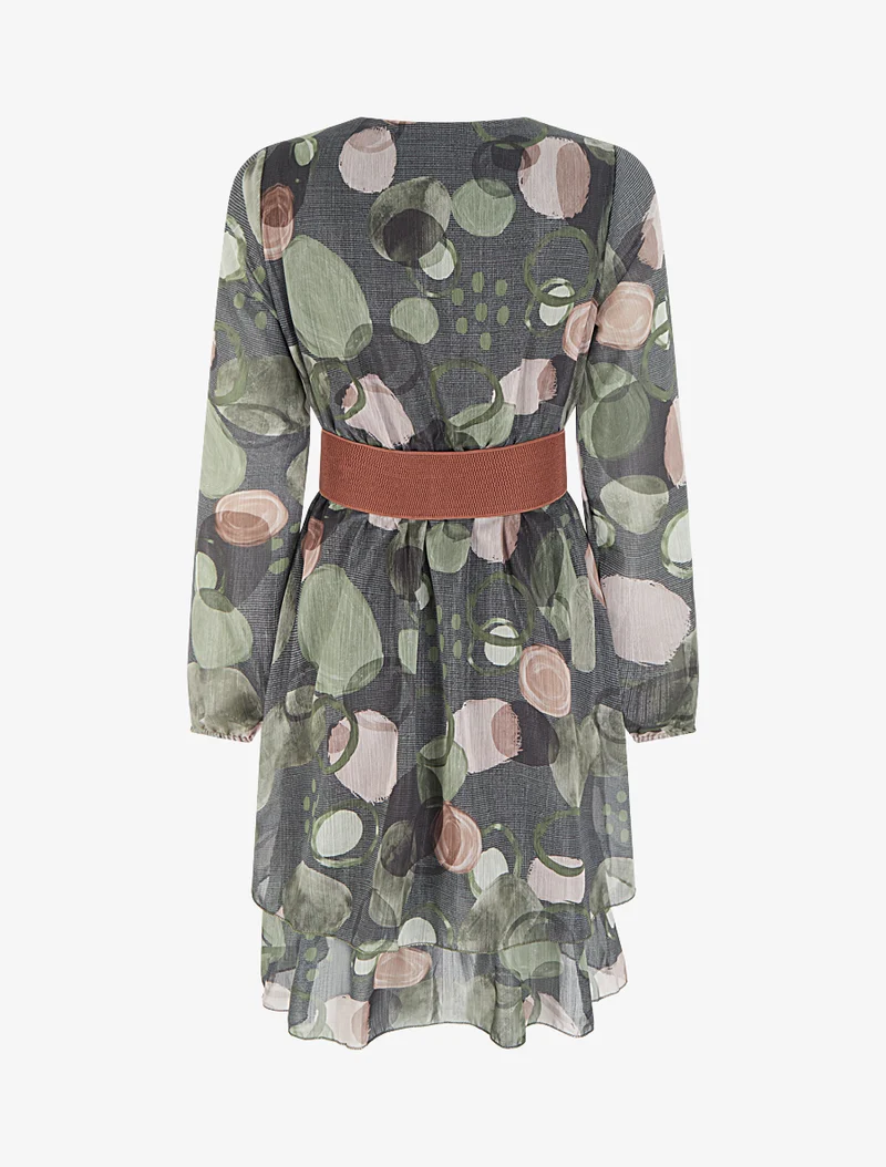 Kleid mit abstraktem Druck und Wickelausschnitt - Kaki