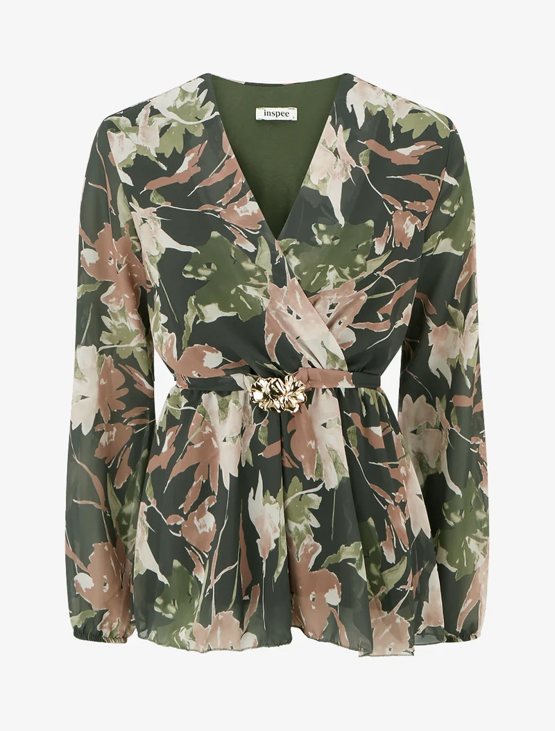 Top Wickelbluse mit abstraktem Blumenmuster und Blumenschmuck. - Kaki