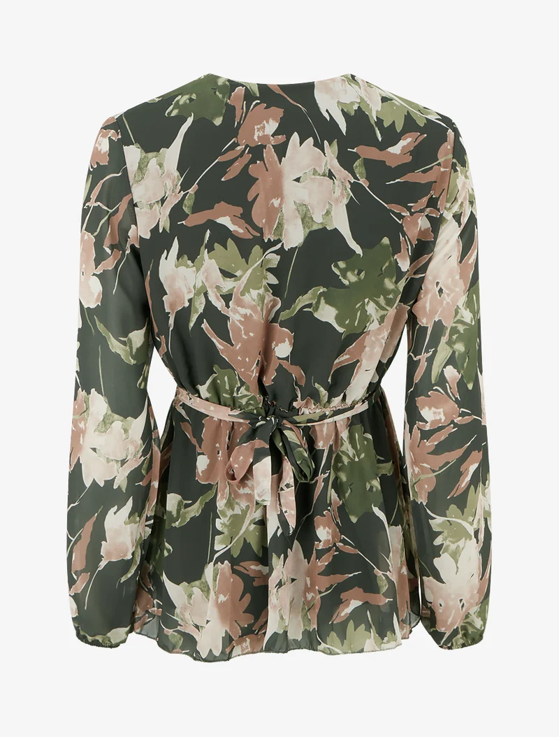Top Wickelbluse mit abstraktem Blumenmuster und Blumenschmuck. - Kaki