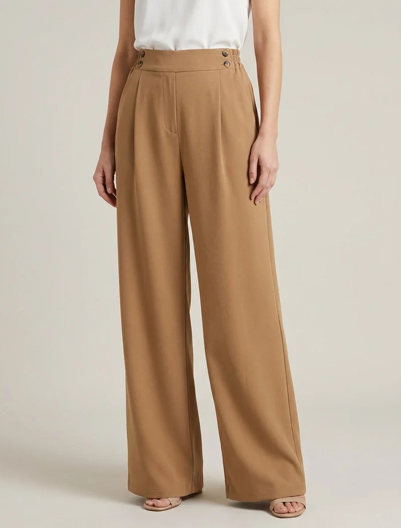 Weite Hose mit hoher Taille und Knöpfen - Kamel