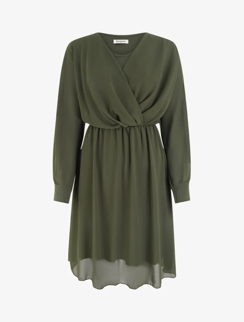 Ausgestelltes Kleid aus Voile mit Wickelausschnitt - Kaki