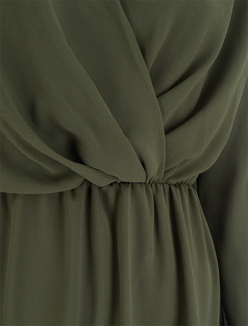 Ausgestelltes Kleid aus Voile mit Wickelausschnitt - Kaki