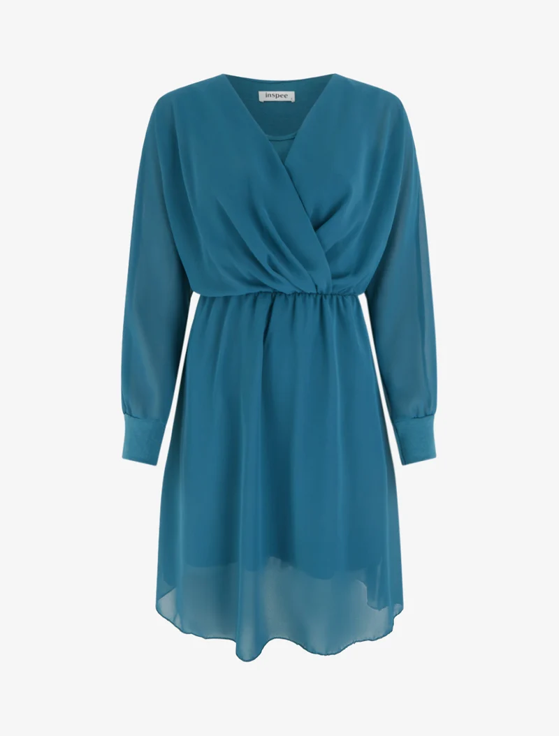 Ausgestelltes Kleid aus Voile mit Wickelausschnitt - Entenblau