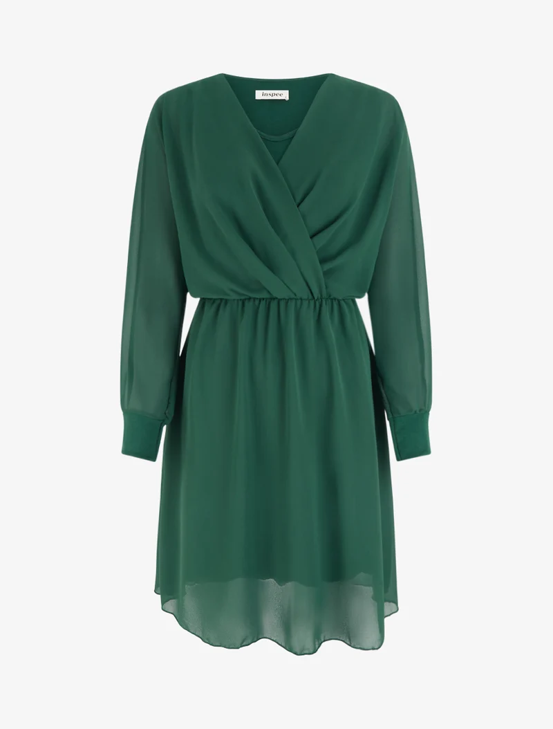 Ausgestelltes Kleid aus Voile mit Wickelausschnitt - Dunkelgrün