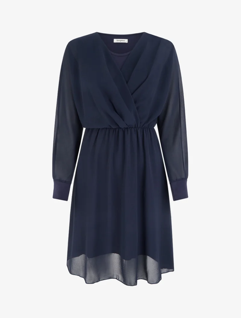 Ausgestelltes Kleid aus Voile mit Wickelkragen - Marine