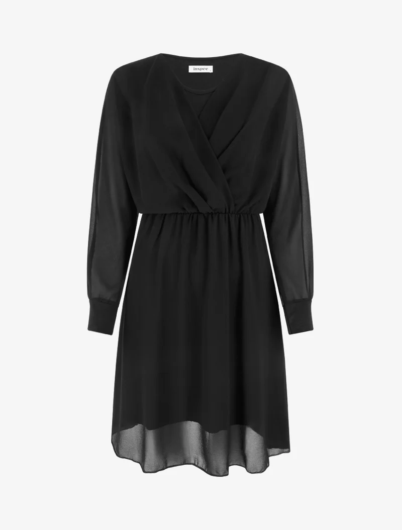 Ausgestelltes Kleid aus Voile mit Wickelkragen - Schwarz