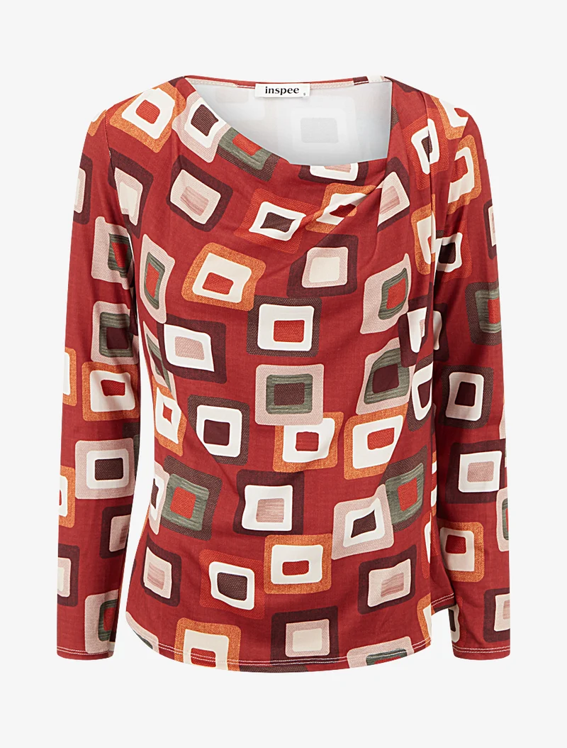 Retro-Print-Top mit Wasserfallausschnitt - Rot