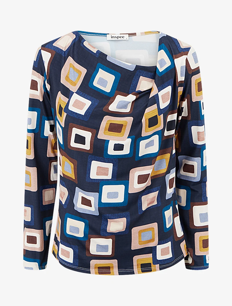 Retro-Print-Top mit Wasserfallausschnitt - Marine