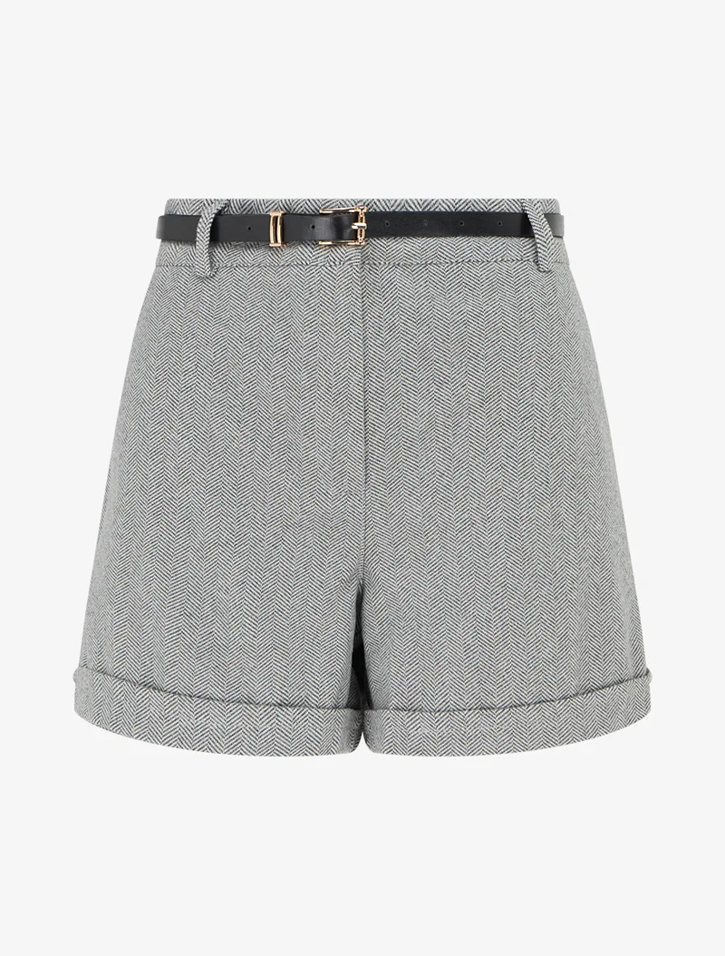 Kurze weite Shorts aus Flanell mit Fischgrätenmuster - Grau