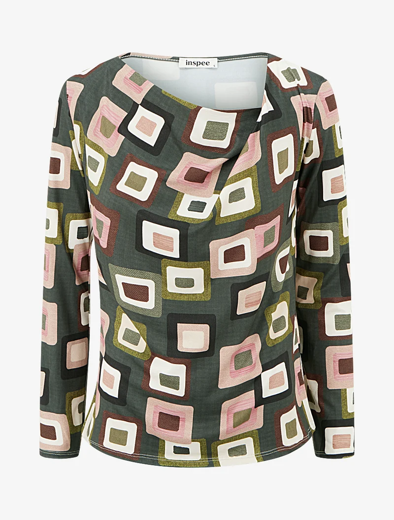 Retro-Print-Top mit Wasserfallausschnitt - Kaki