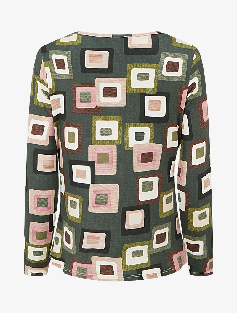 Retro-Print-Top mit Wasserfallausschnitt - Kaki