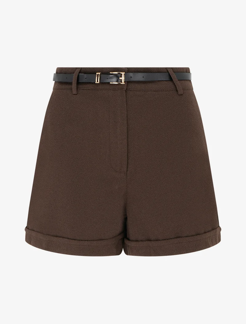 Kurze weite Shorts aus Flanell mit Fischgrätenmuster - Braun
