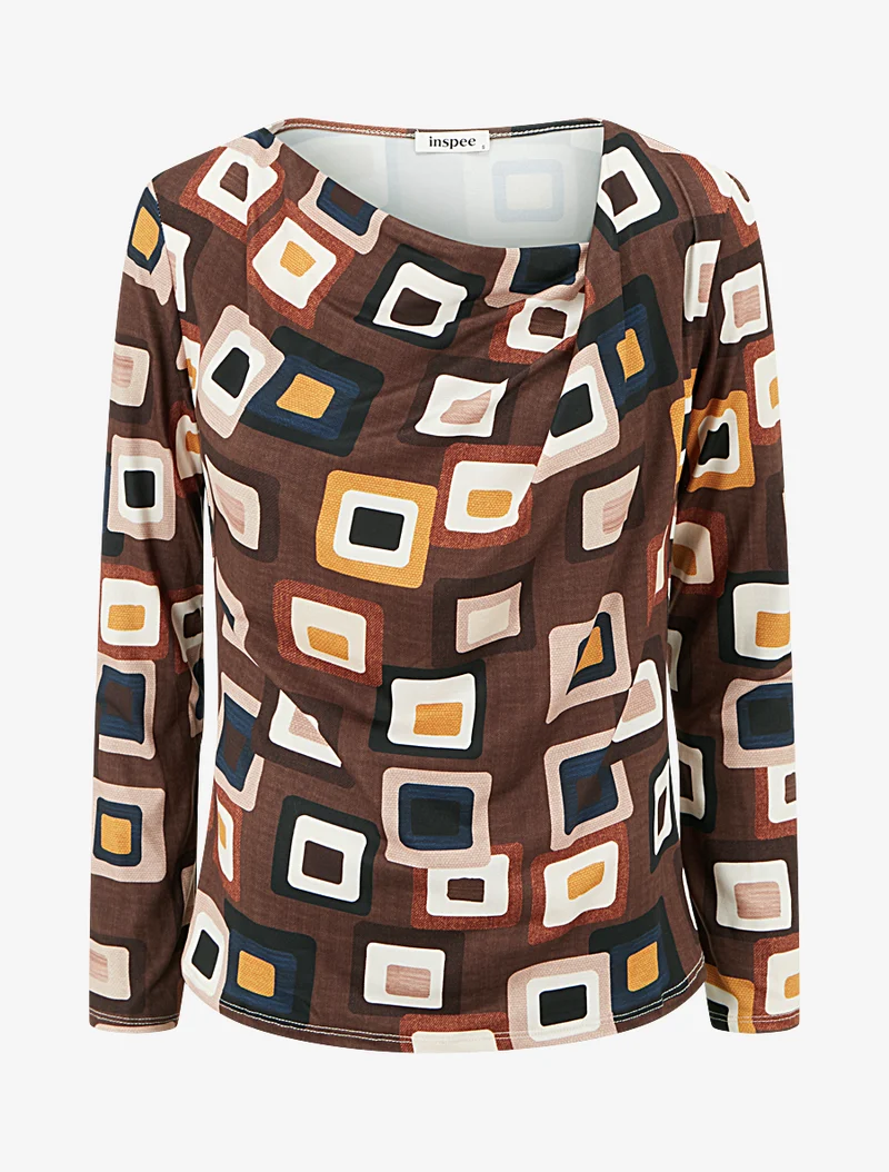 Retro-Print-Top mit Wasserfallausschnitt - Braun