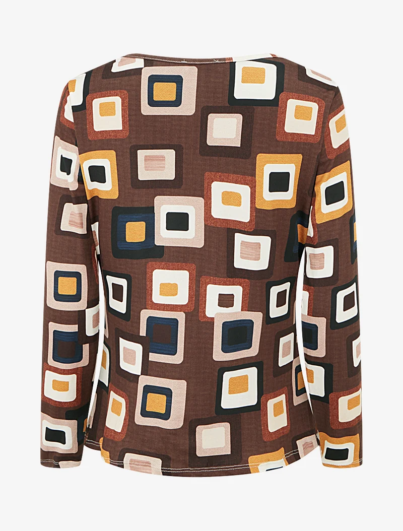 Retro-Print-Top mit Wasserfallausschnitt - Braun