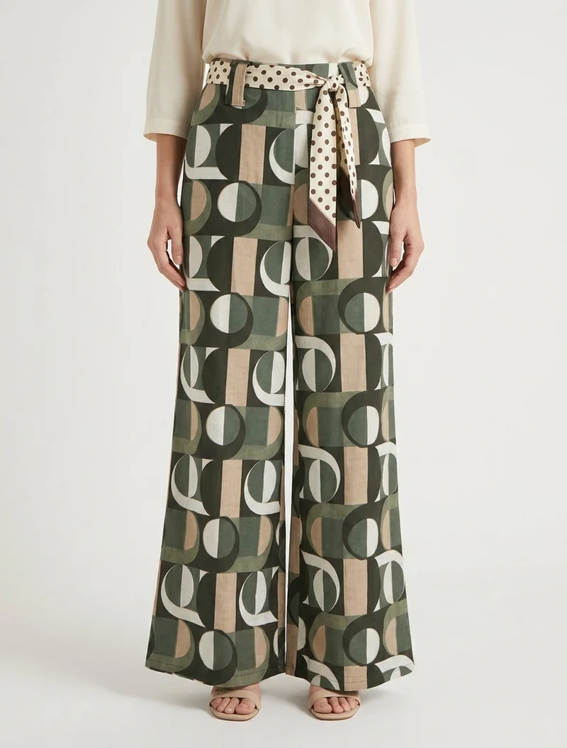 Weite Hose mit Retro-Print - Kaki