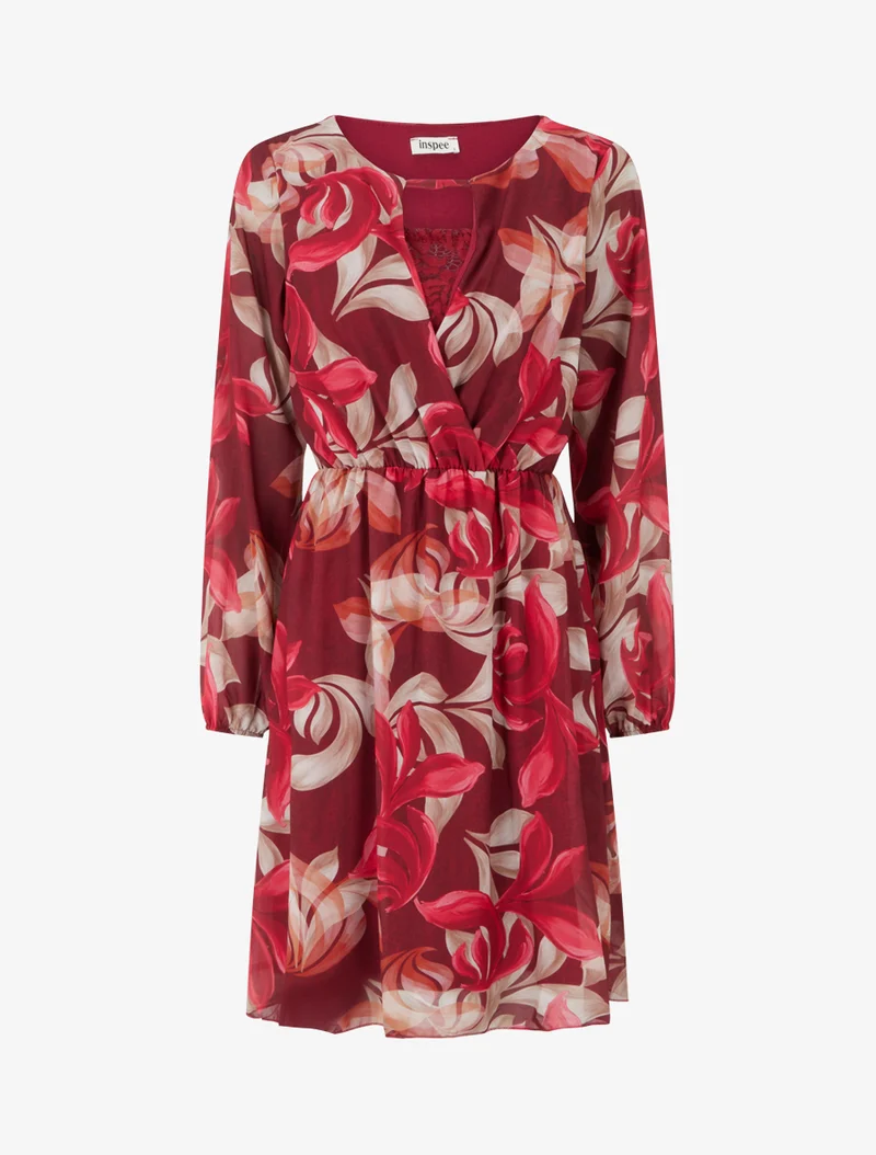 Ausgestelltes Kleid mit Fantasieblätter-Print - Bordeaux