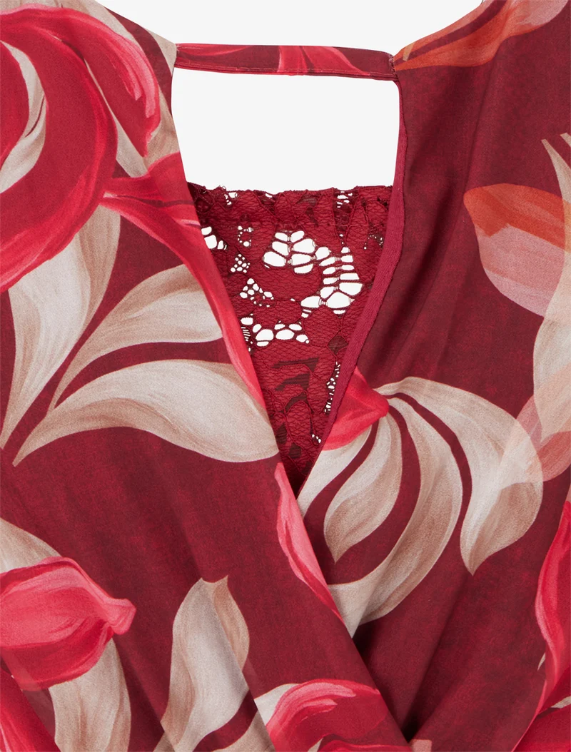 Ausgestelltes Kleid mit Fantasieblätter-Print - Bordeaux