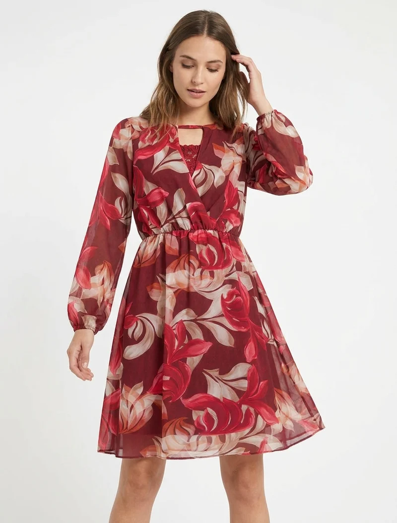 Ausgestelltes Kleid mit Fantasieblätter-Print - Bordeaux