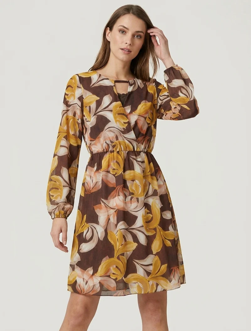 Ausgestelltes Kleid mit Fantasieblätter-Print - Braun
