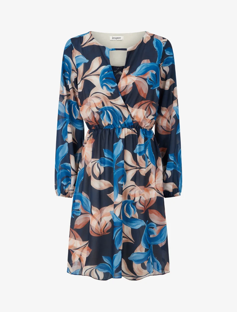Ausgestelltes Kleid mit fantasievollem Blätterdruck - Marine