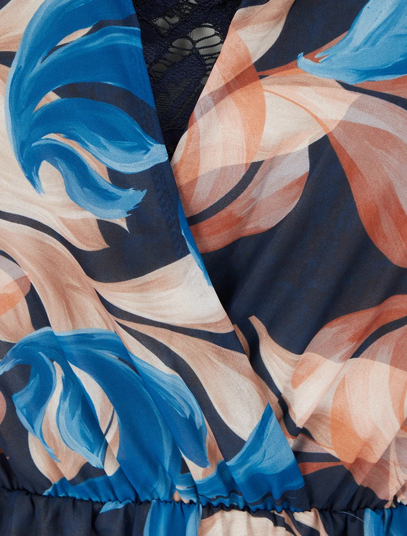 Ausgestelltes Kleid mit fantasievollem Blätterdruck - Marine