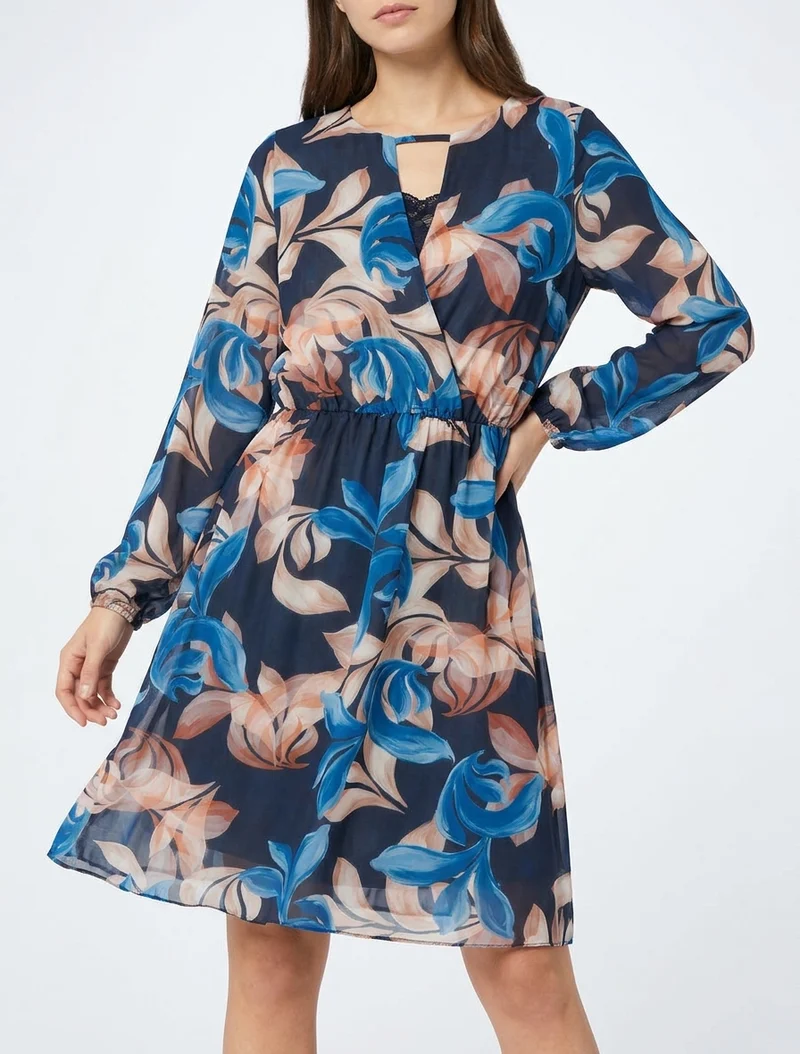 Ausgestelltes Kleid mit fantasievollem Blätterdruck - Marine