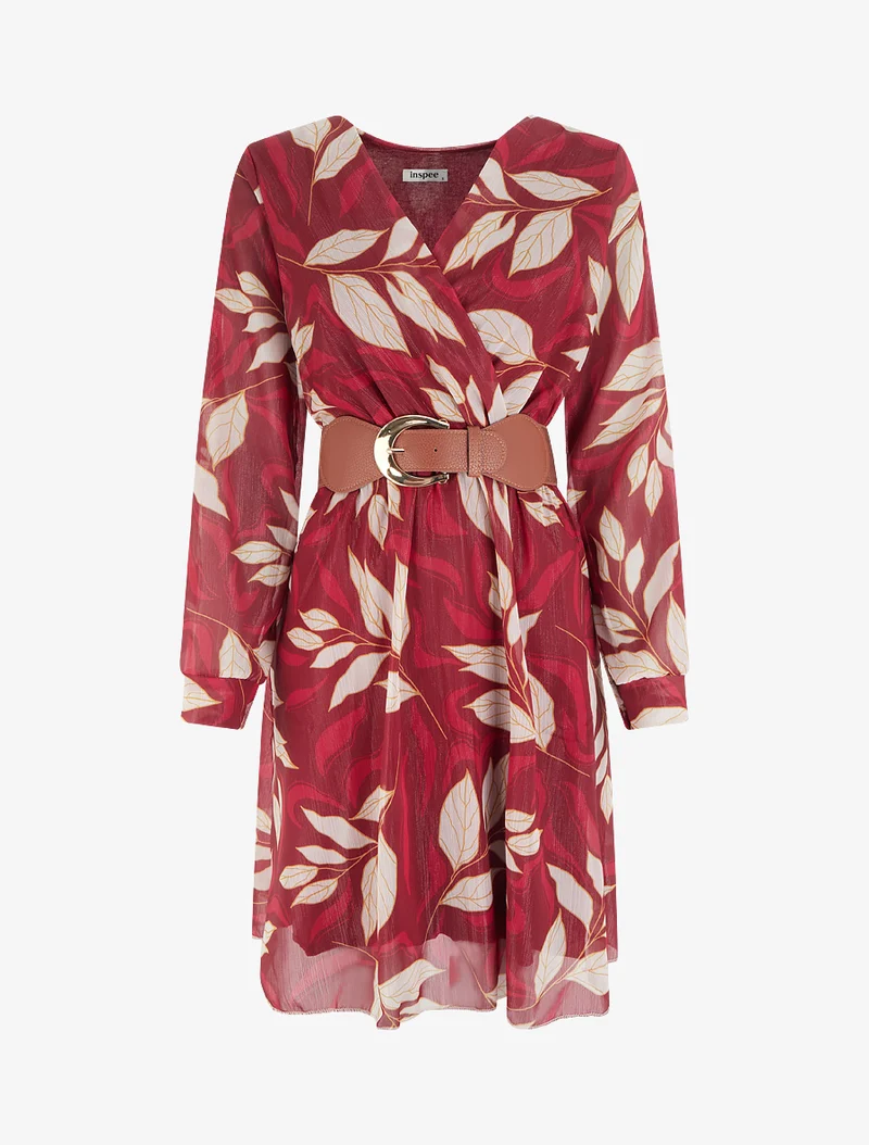 Irisierendes Kleid mit Blattdruck - Bordeaux