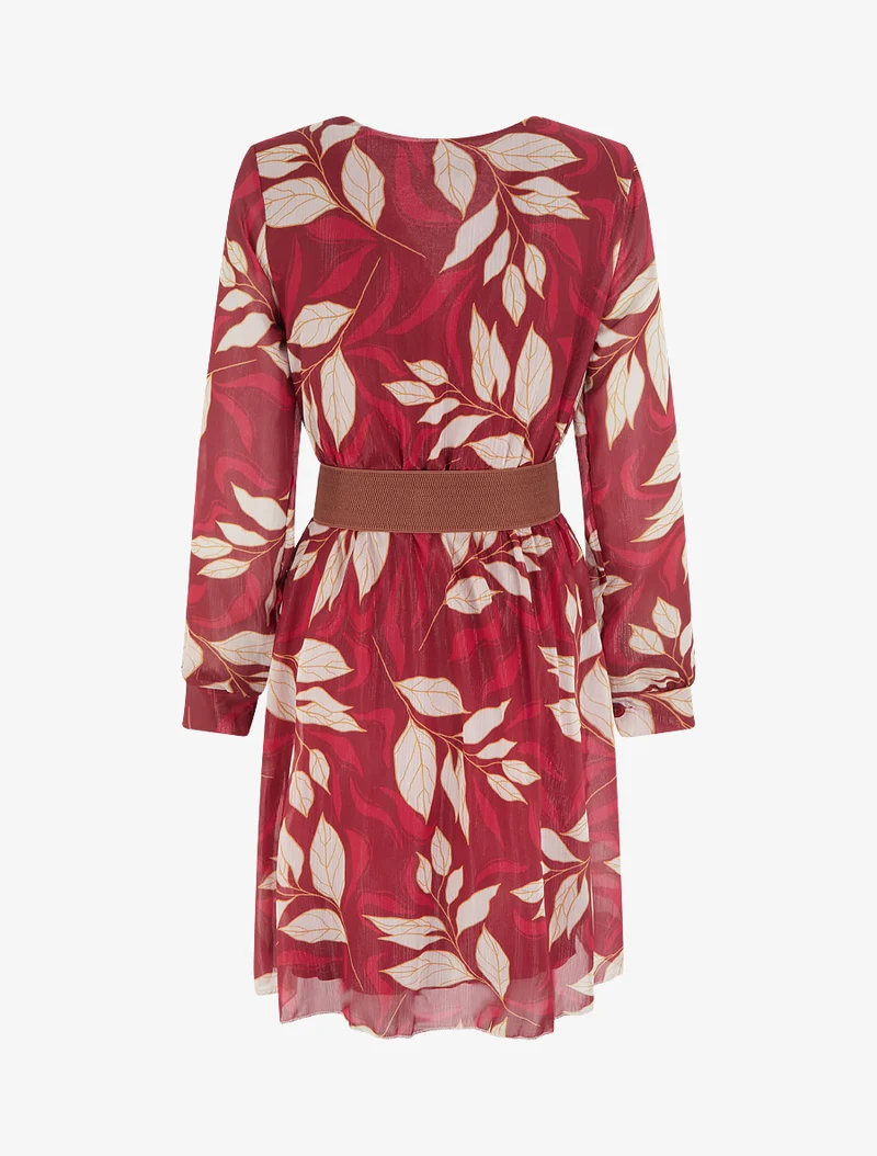 Irisierendes Kleid mit Blattdruck - Bordeaux