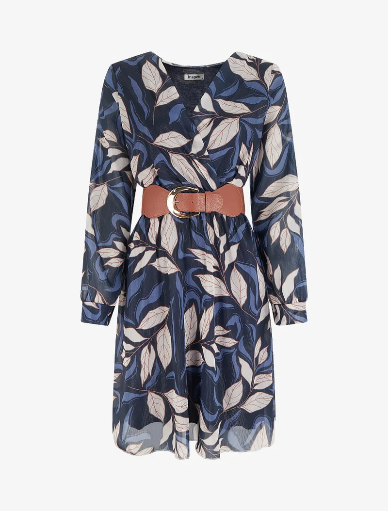 Irisierendes Kleid mit Blattdruck - Marine