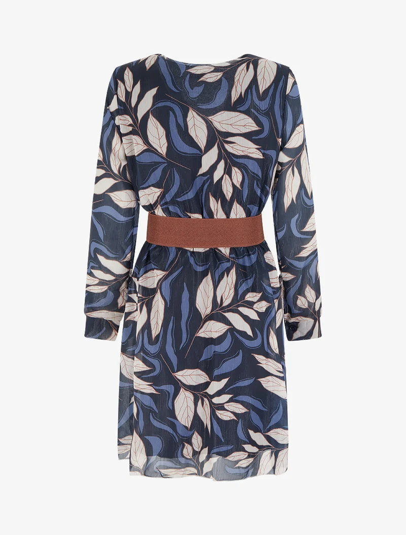 Irisierendes Kleid mit Blattdruck - Marine