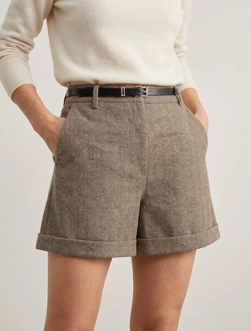 Kurze weite Shorts aus Flanell mit Fischgrätenmuster - Maulwurf