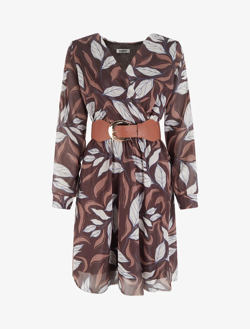 Irisierendes Kleid mit Blattdruck - Braun
