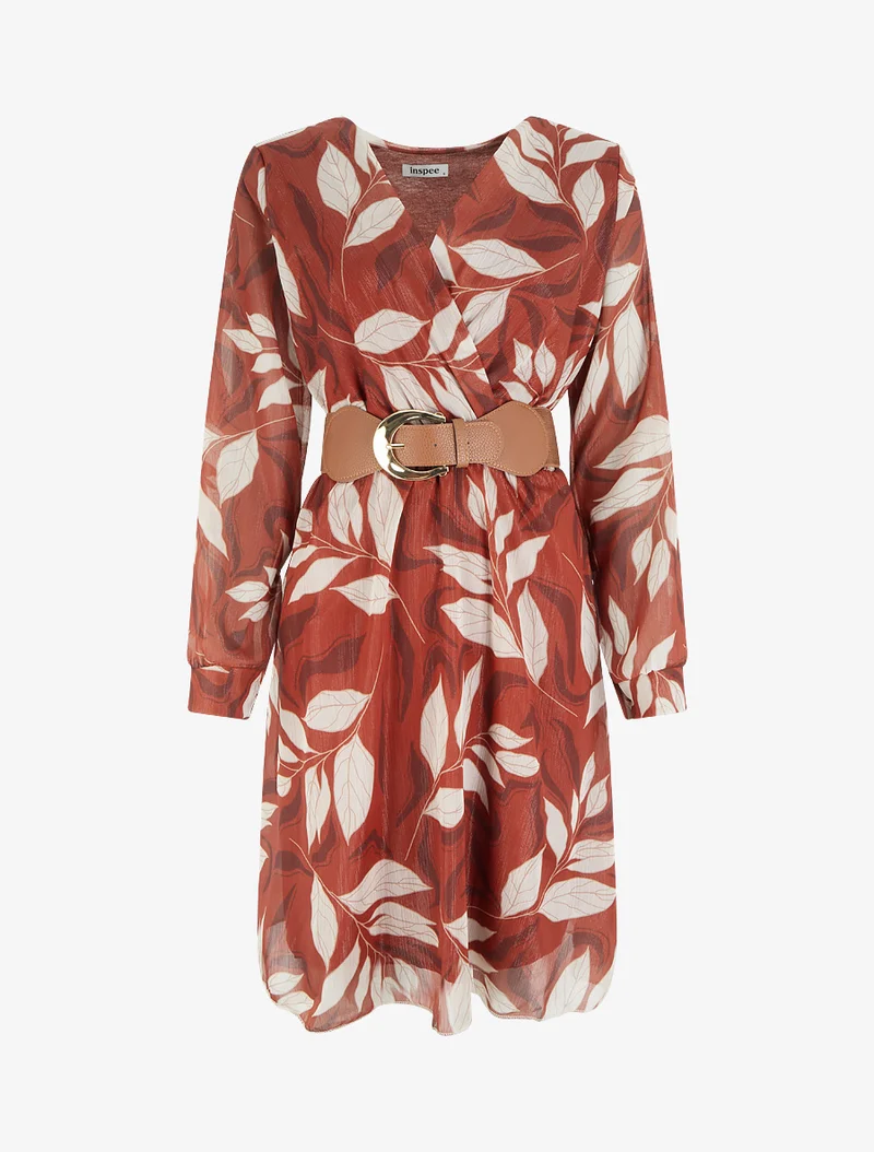 Irisierendes Kleid mit Blattdruck - Rost