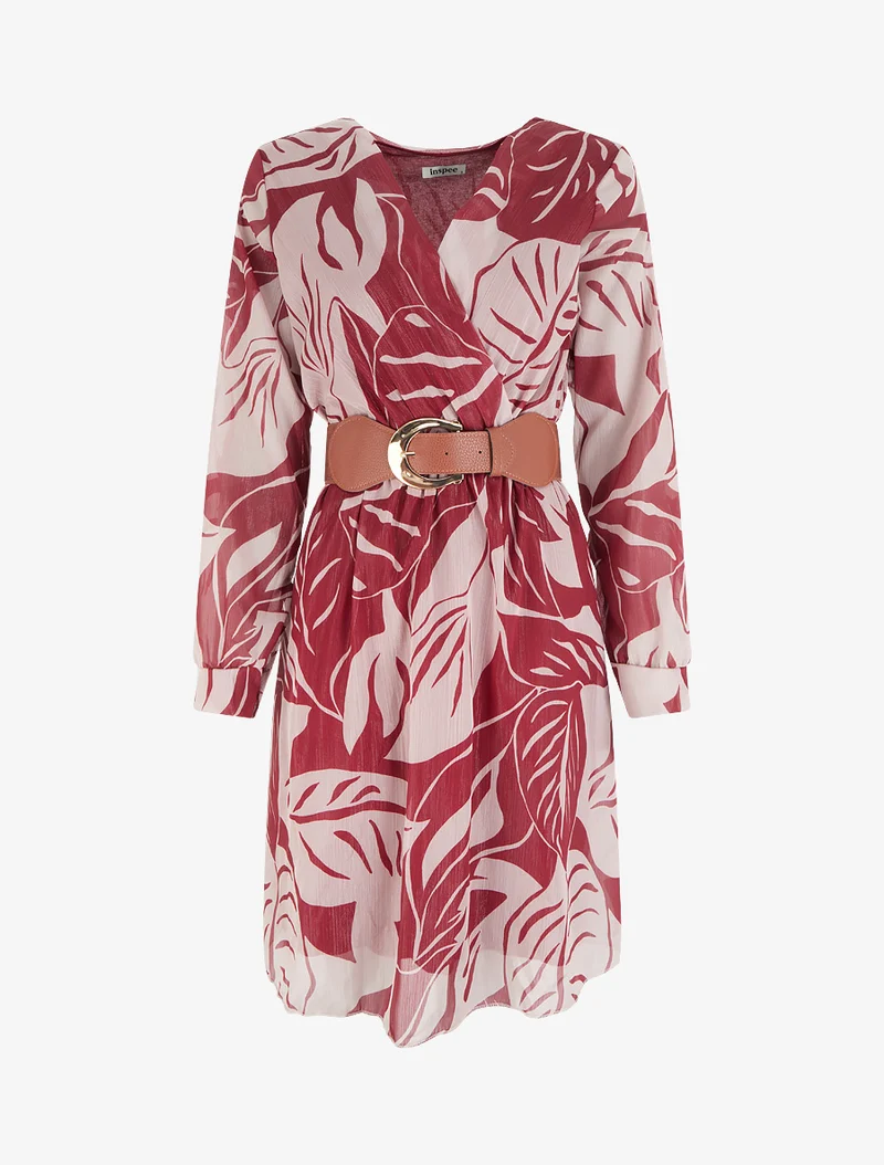 Irisierendes Kleid mit großem Blätterdruck - Bordeaux