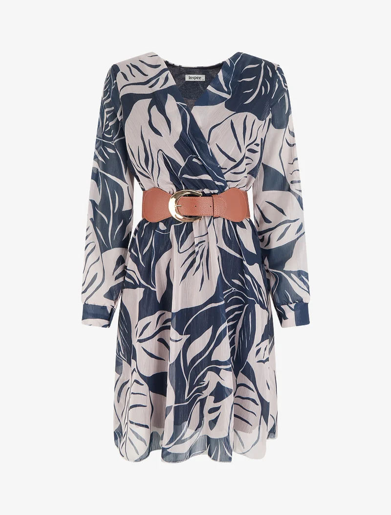 Irisierendes Kleid mit großem Blätterdruck - Marine