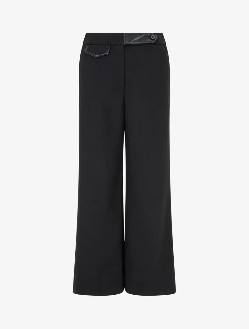 Weite High-Waist-Hose mit Kunstlederdetail - Schwarz