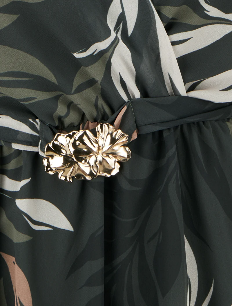 Bedrucktes Wickeloberteil mit Blatt- und Blumenschmuckmotiv - Kaki