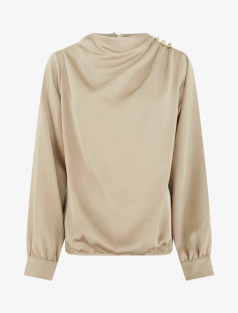 Satinierte Oberteil mit Wasserfallausschnitt und Knöpfen. - Beige