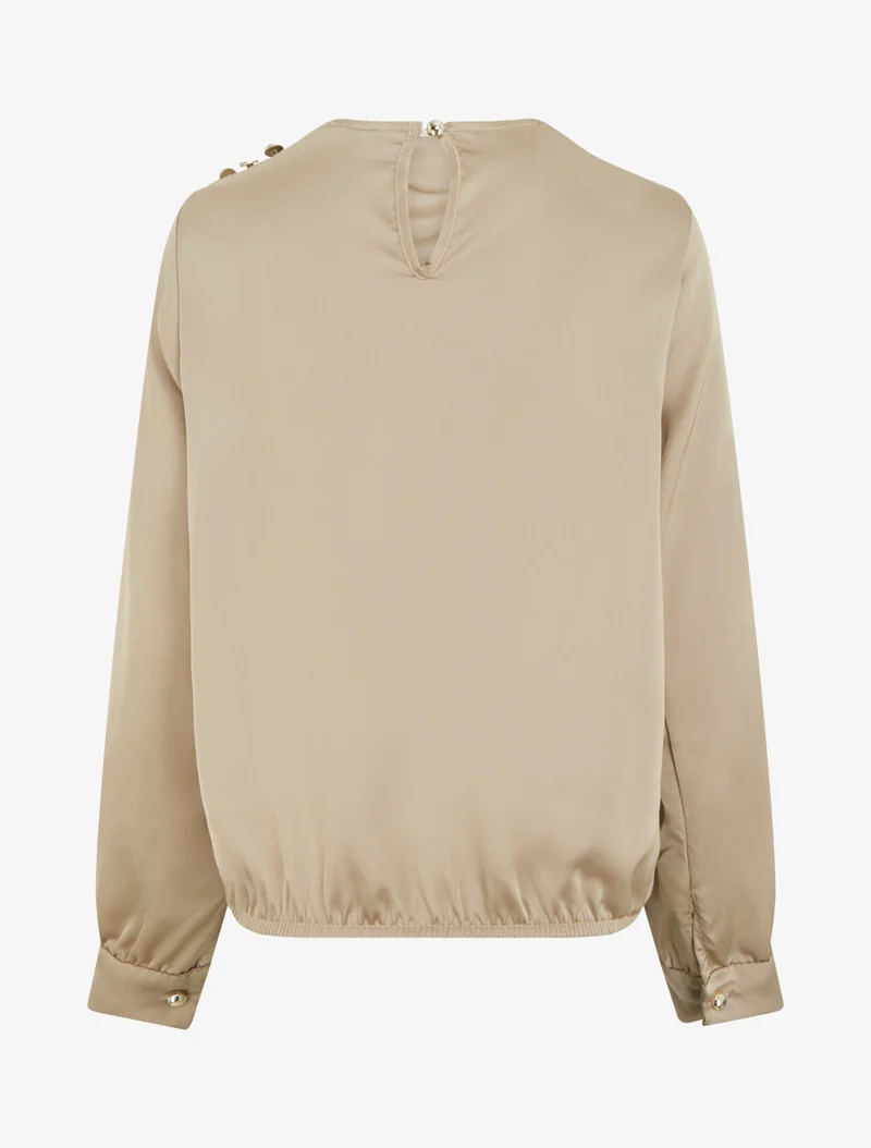 Satinierte Oberteil mit Wasserfallausschnitt und Knöpfen. - Beige